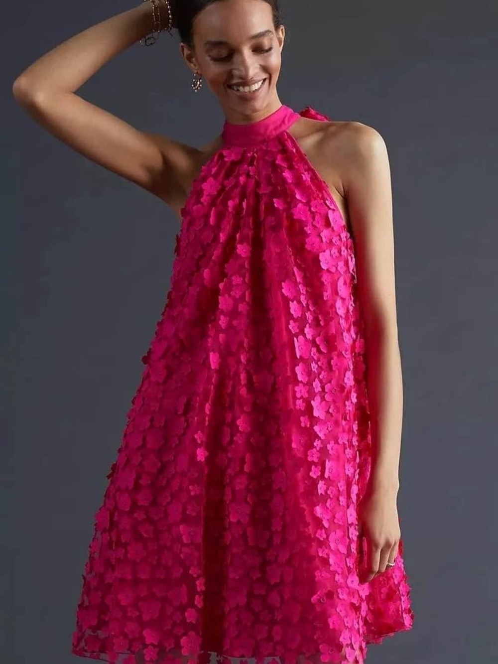 Anthropologie Hot Pink Floral Appliqué Halter Mini Dress